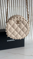 Chanel Light Beige Leather Mini Quilted Round Pearl Trim Crossbody Bag
