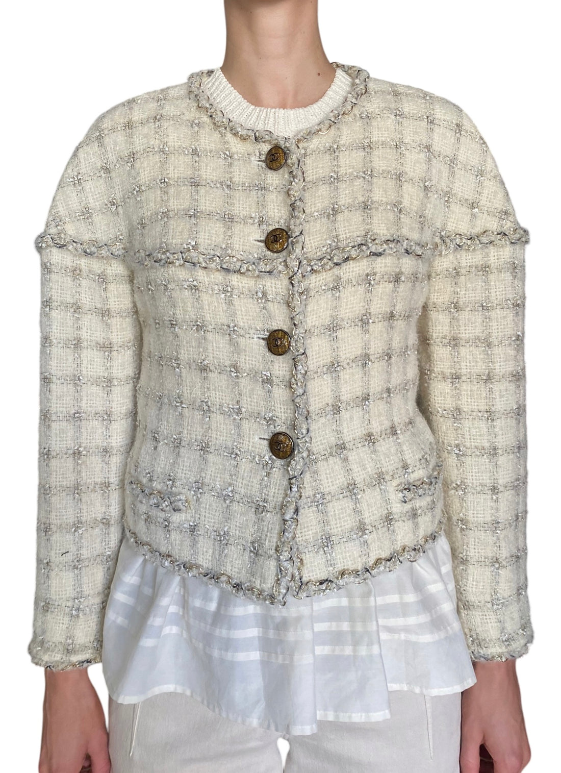 Chanel 2011 Ivory Braided Chain Trim Metallic Tweed Jacket - FR 42 / US 8-10