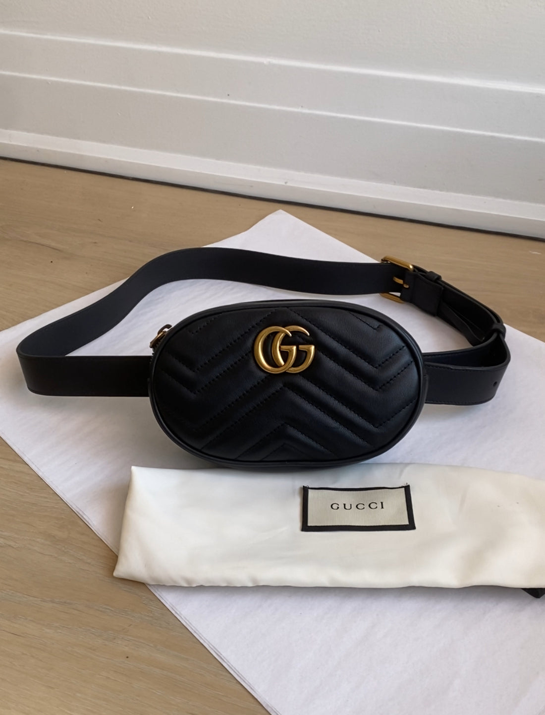 Gucci Black Chevron Matelesse Leather GG Marmont Mini Belt Bag