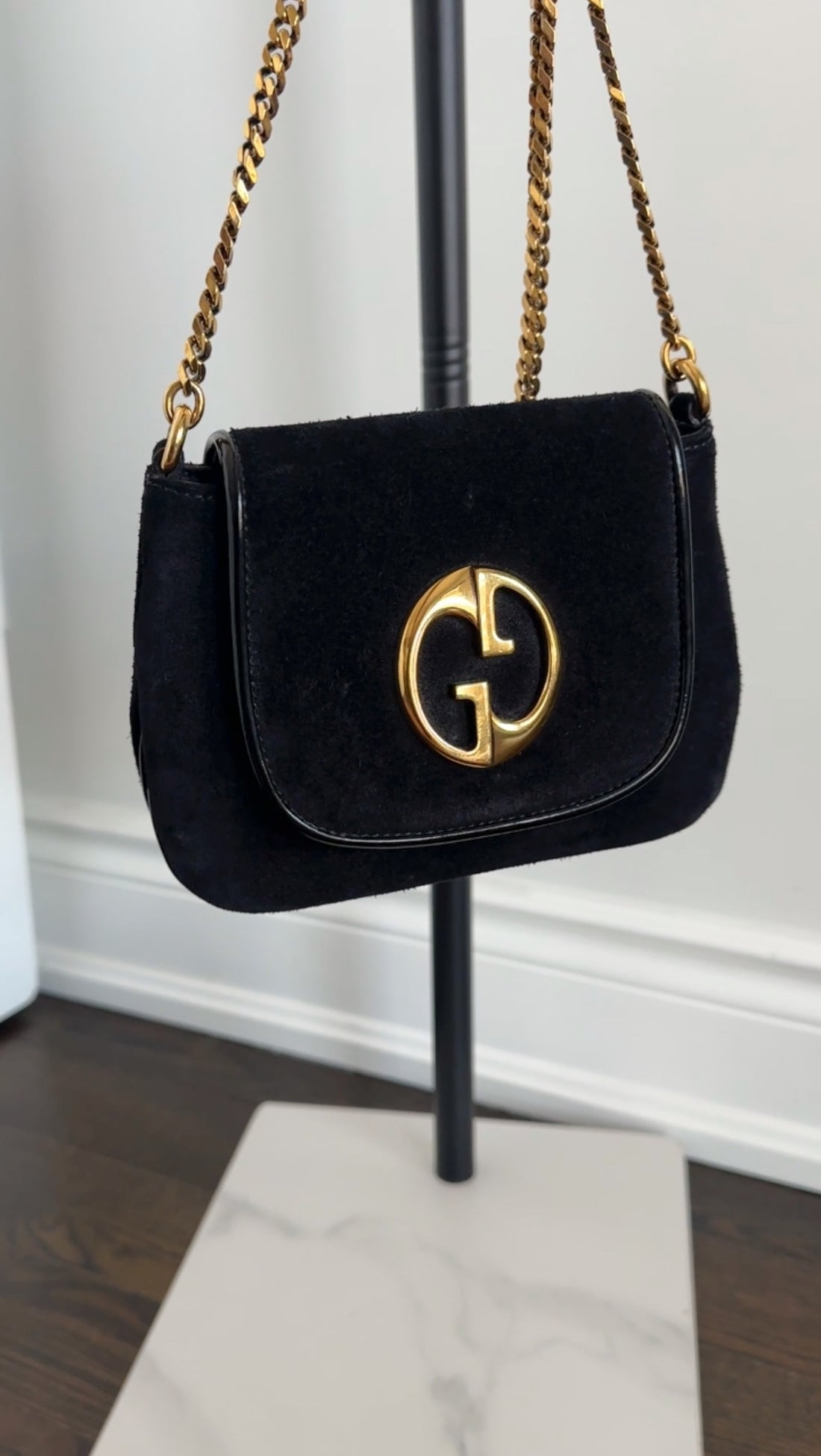 Gucci 1973 Black Small GG Logo Leather Crossbody Bag