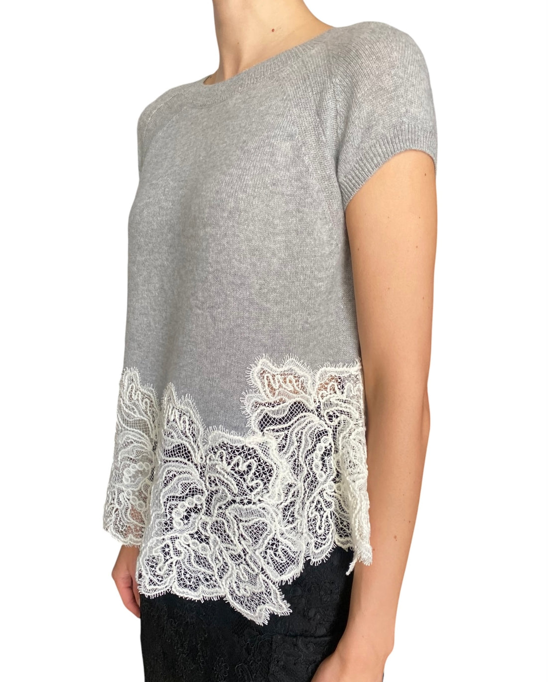 Ermanno Scervino Grey Cashmere Knit Lace Hem Cap Sleeve Top - S