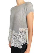 Ermanno Scervino Grey Cashmere Knit Lace Hem Cap Sleeve Top - S