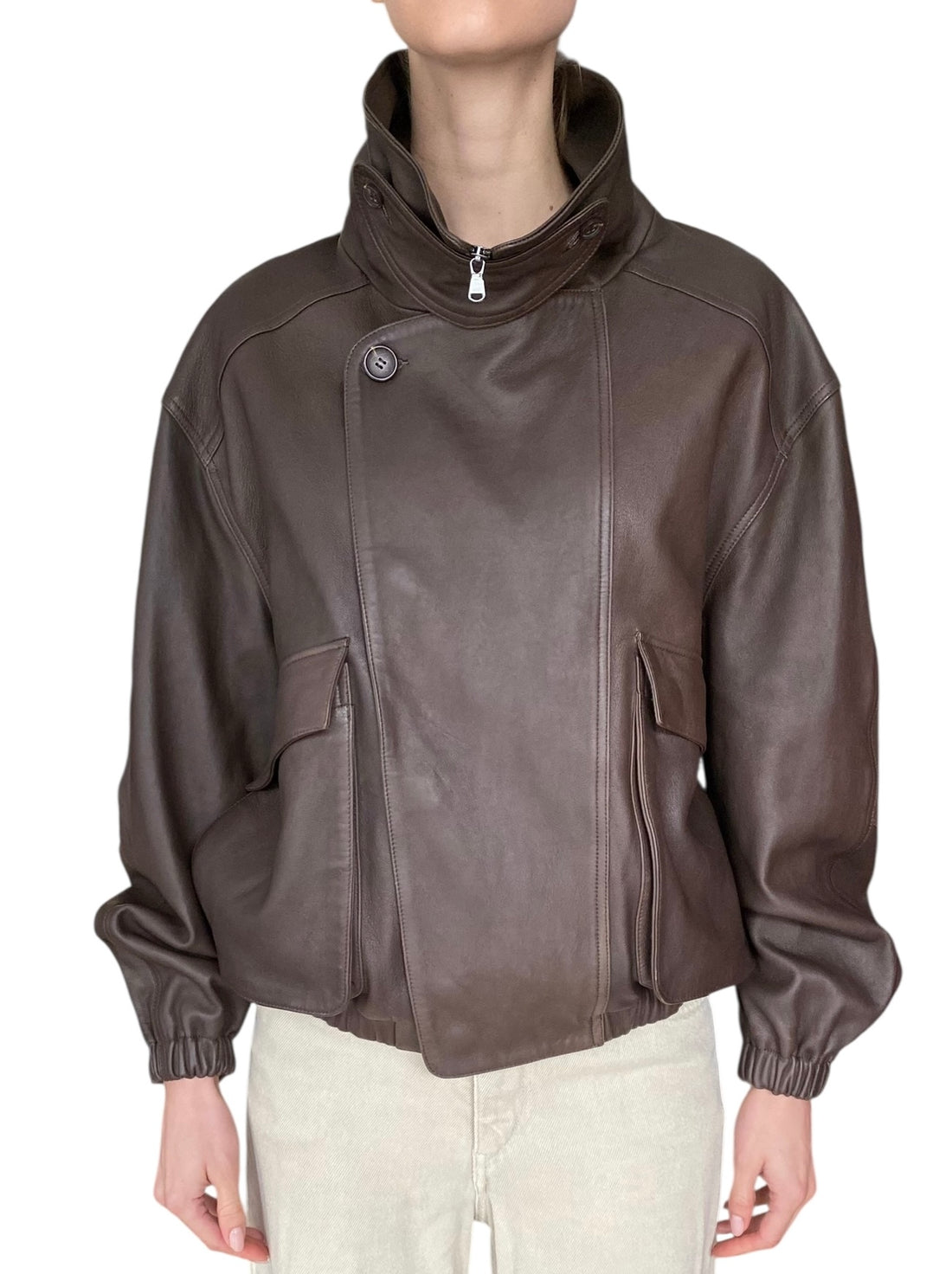 TWP Brown Funnel Neck "Hunter" Oversized Leather Bomber Jacket - S / US 4-6