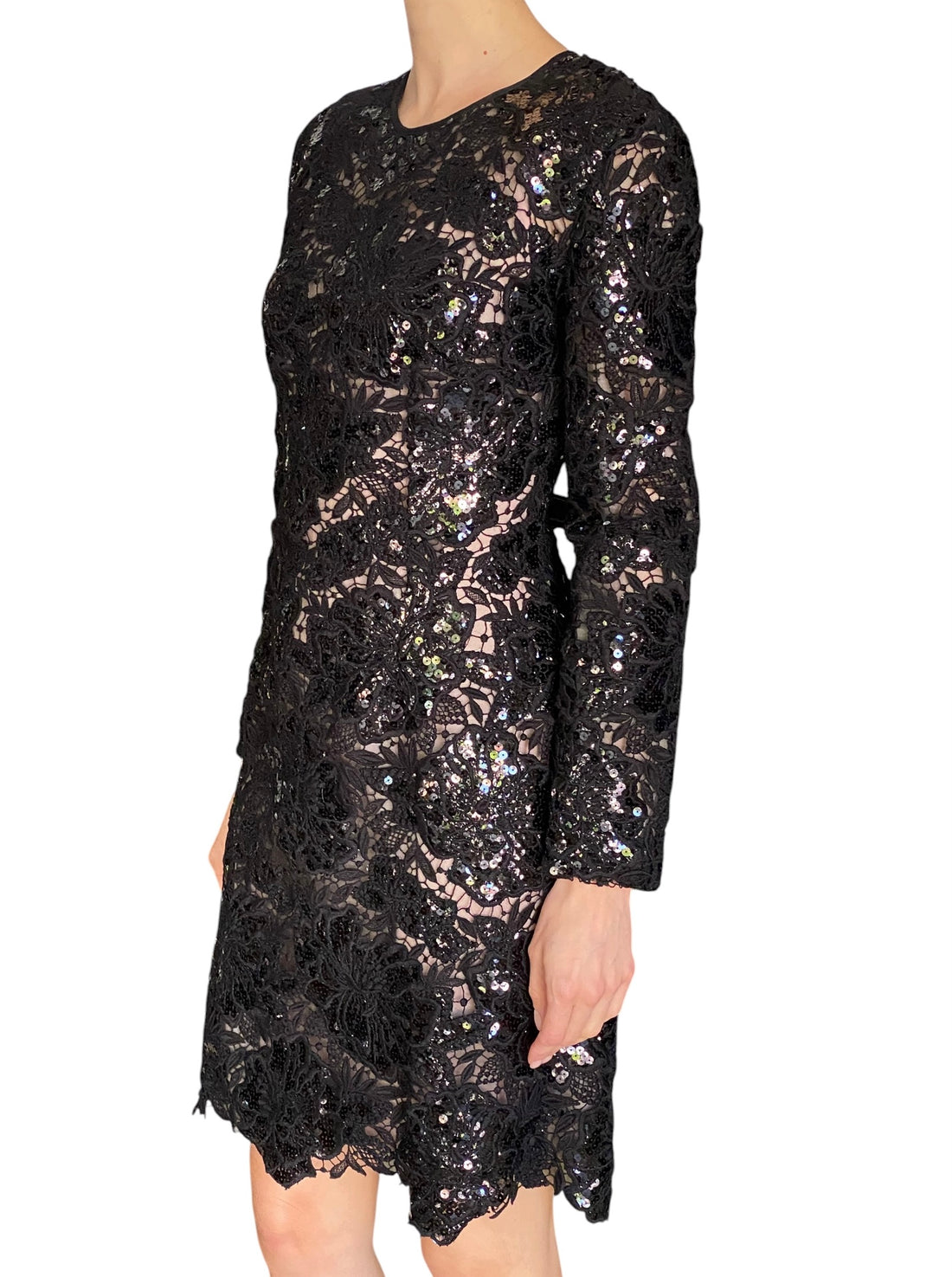 Giambattista Valli Black Sequin Guipure Long Sleeve Cocktail Dress - IT 44 / M / US 6-8