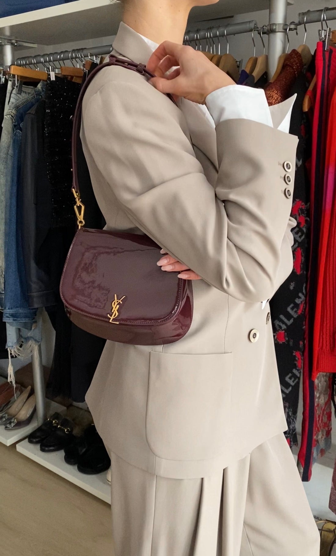 Saint Laurent Burgundy Patent Leather Voltaire Shoulder Bag