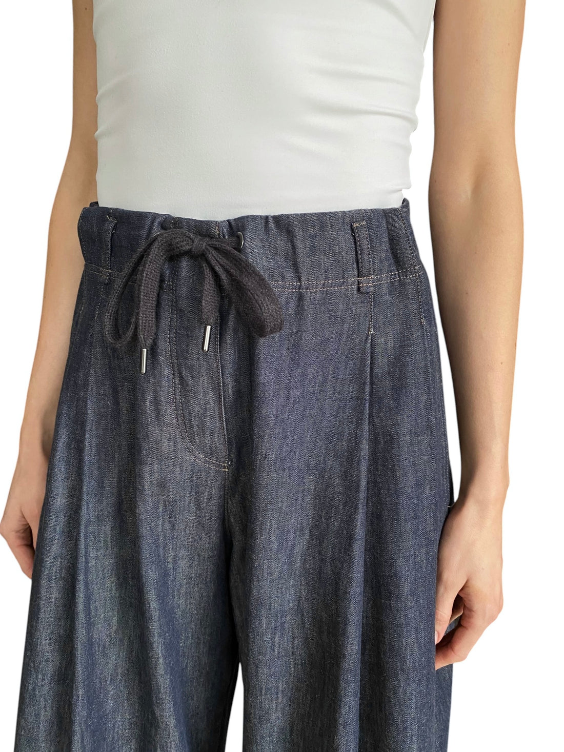 Brunello Cucinelli Dark Blue Wide Leg Denim Drawstring Trousers - M / US 8