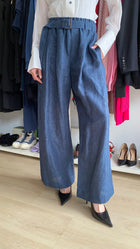Brunello Cucinelli Blue Linen Belted Wide Leg Trousers - IT 42 / US 6