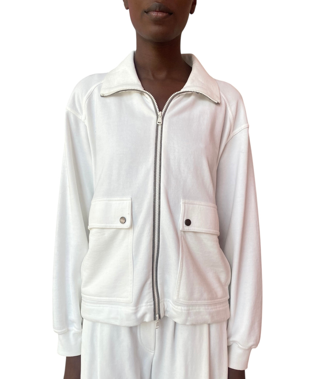 Brunello Cucinelli White Monili Embellished Zip Sweatshirt - M
