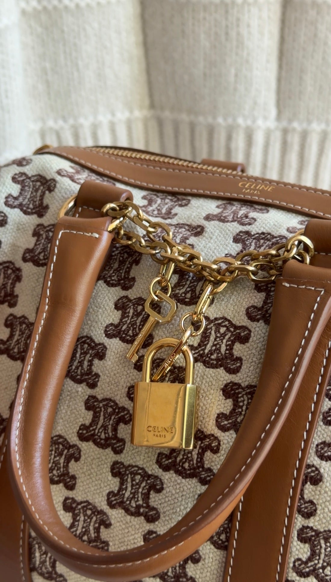 Celine Canvas Triomphe Logo and Leather Boston Small Bag