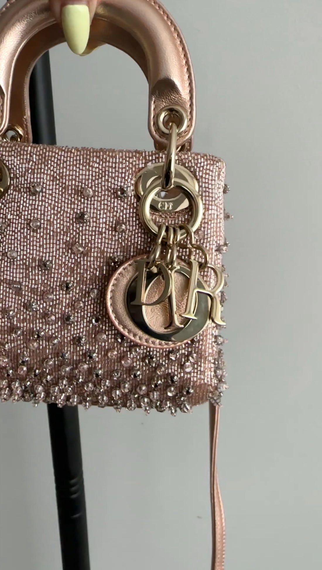 Dior Lady Dior Pink Metallic Leather Bead Crystal Embroidered Micro Bag