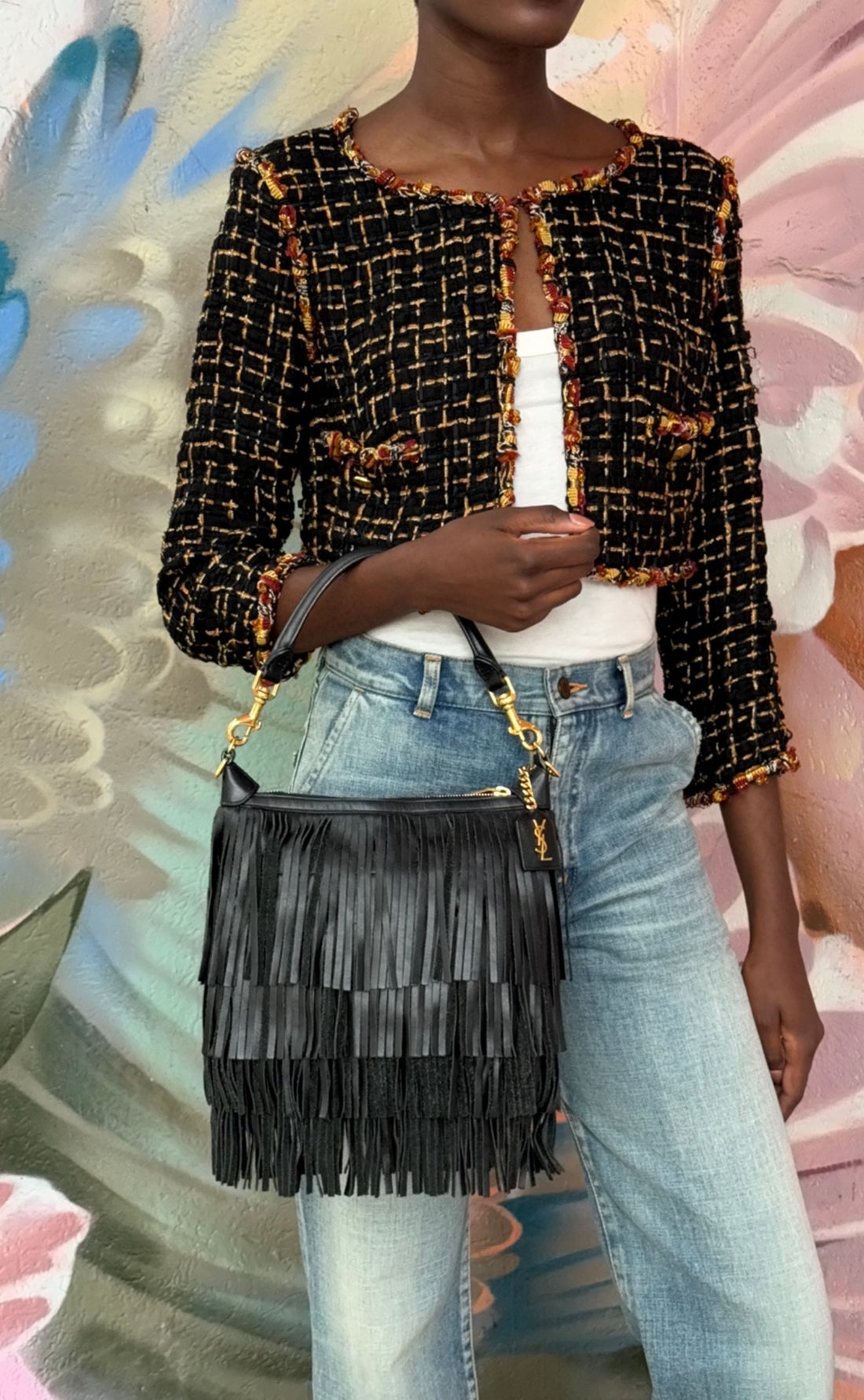 Saint Laurent Black Fringed Leather Emmanuel Hobo Shoulder Bag