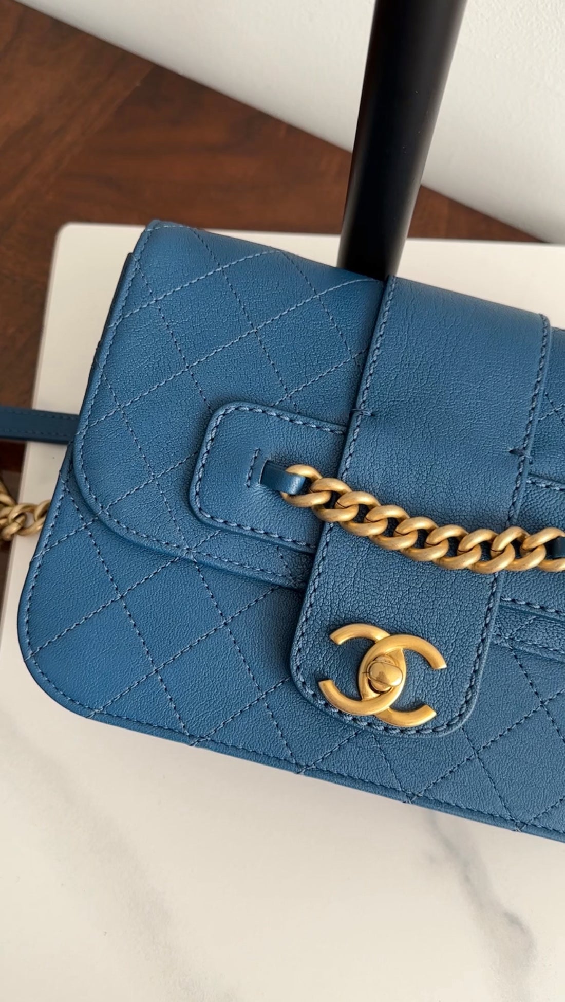 Chanel Dark Teal Blue Sheepskin Quilted Front Chain Flap Bag