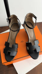 Hermes Black Leather H Legend Wedge Ankle Strap Sandals - 38
