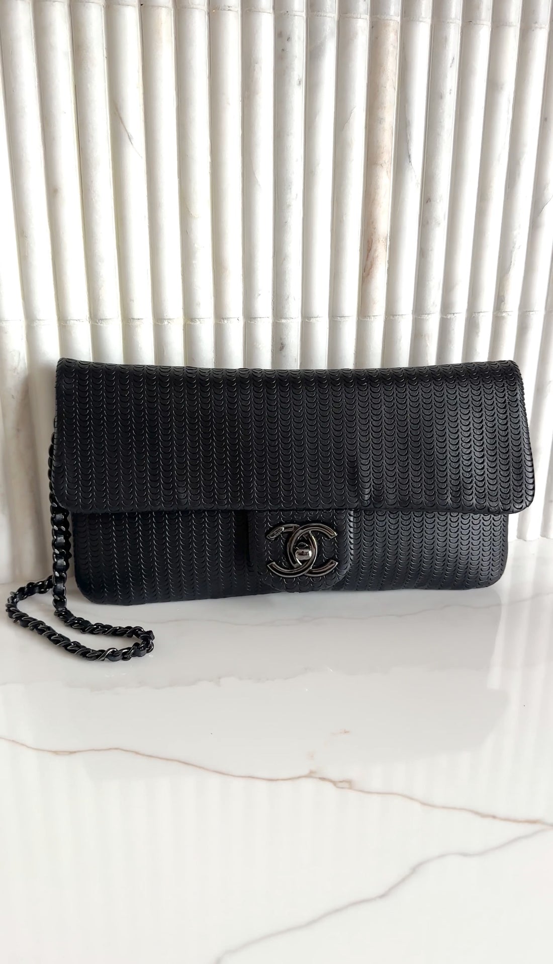 Chanel Black Perforated Leather Medium Flap Chain Wristlet Clutch Bag