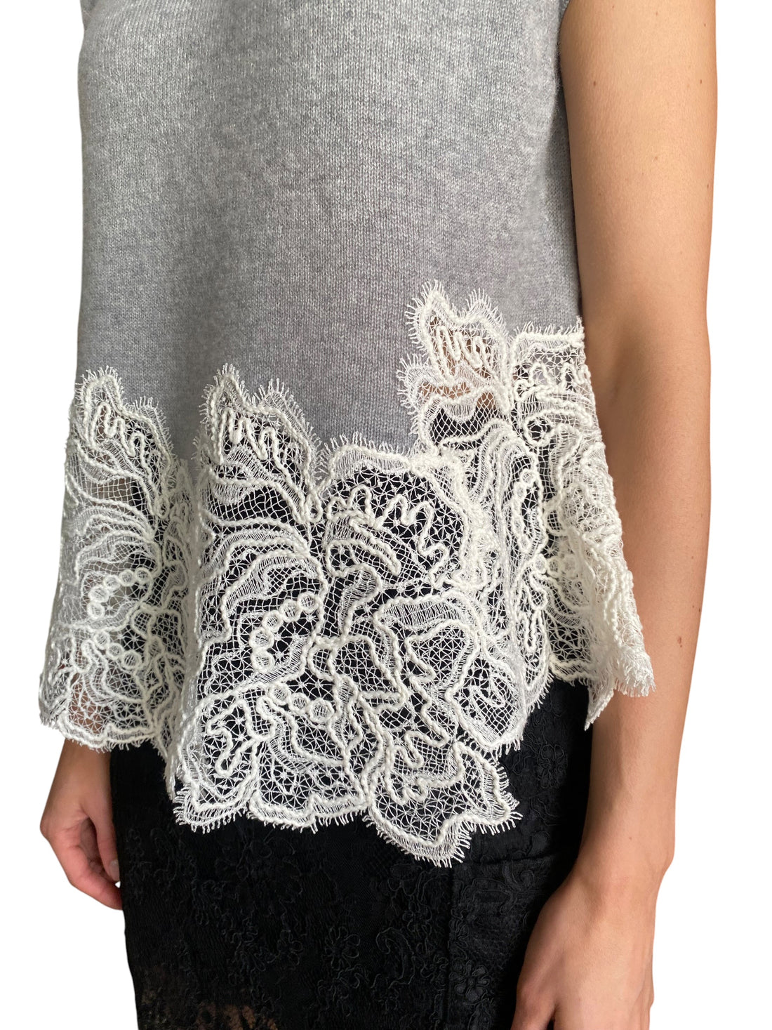 Ermanno Scervino Grey Cashmere Knit Lace Hem Cap Sleeve Top - S