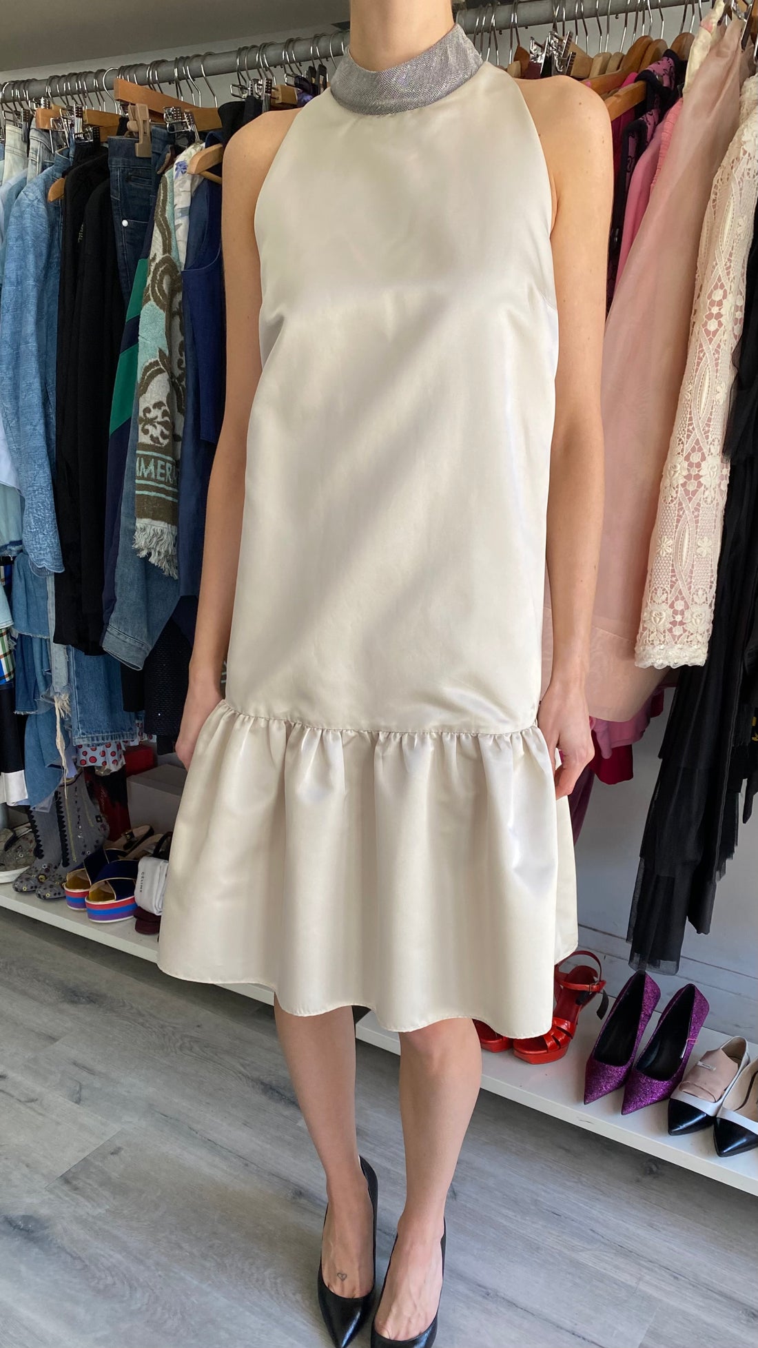 Brunello Cucinelli Ivory Monili Neck Satin Ruffle Dress - XL