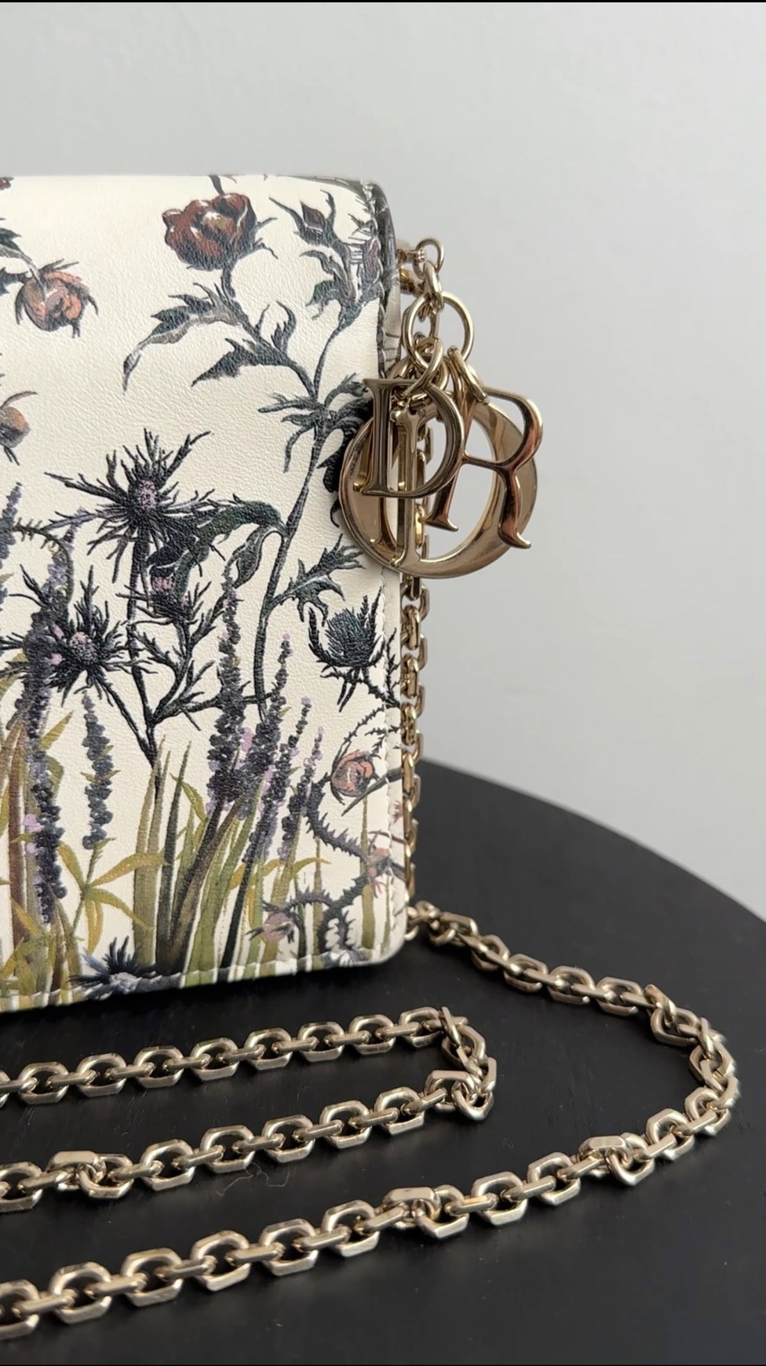 Dior Lady Dior Ivory Leather Floral Pouch Wallet on Chain