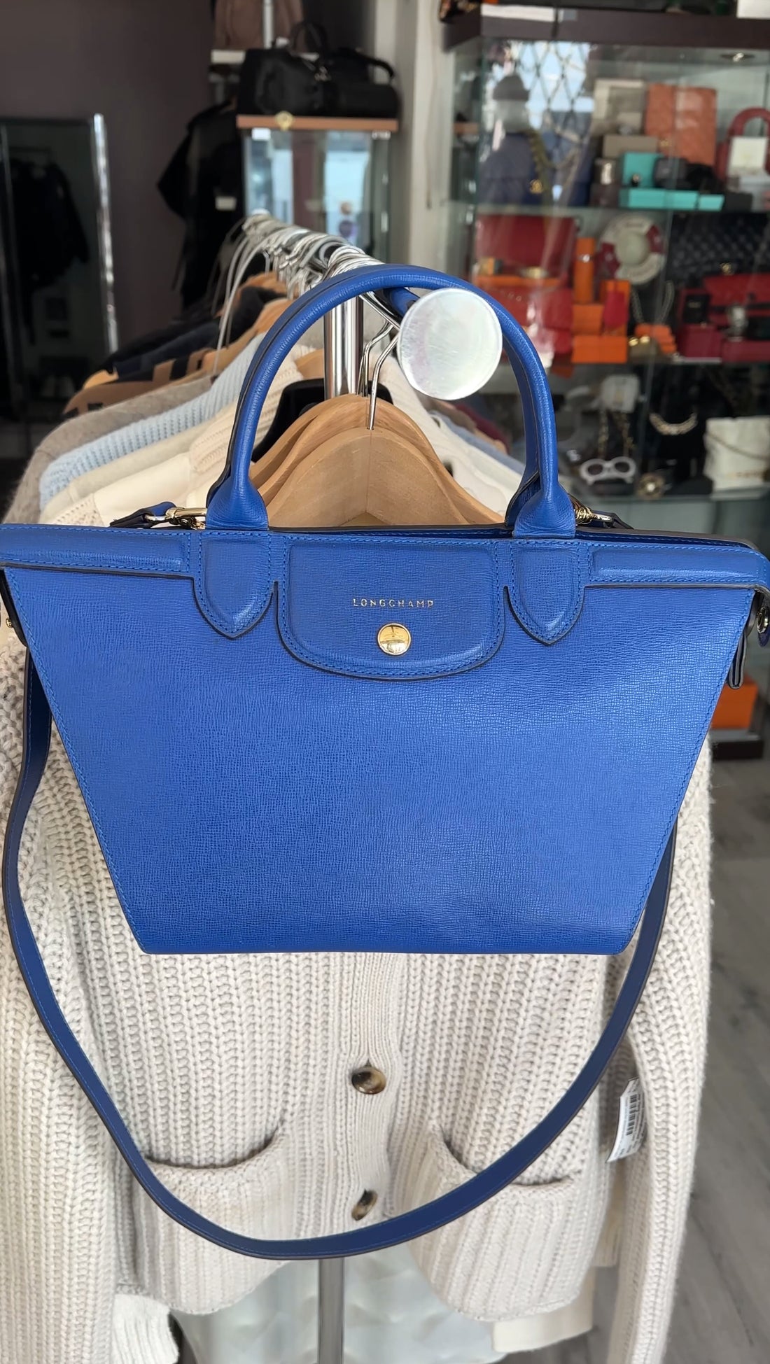 Longchamp Cobalt Blue Le Pliage Heritage Leather Two Way Bag