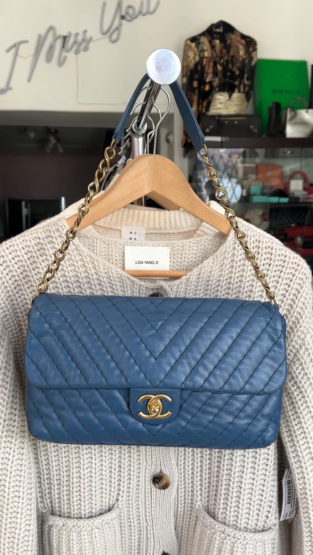 Chanel Blue Quilted Leather Chevron Flap Chain Bag