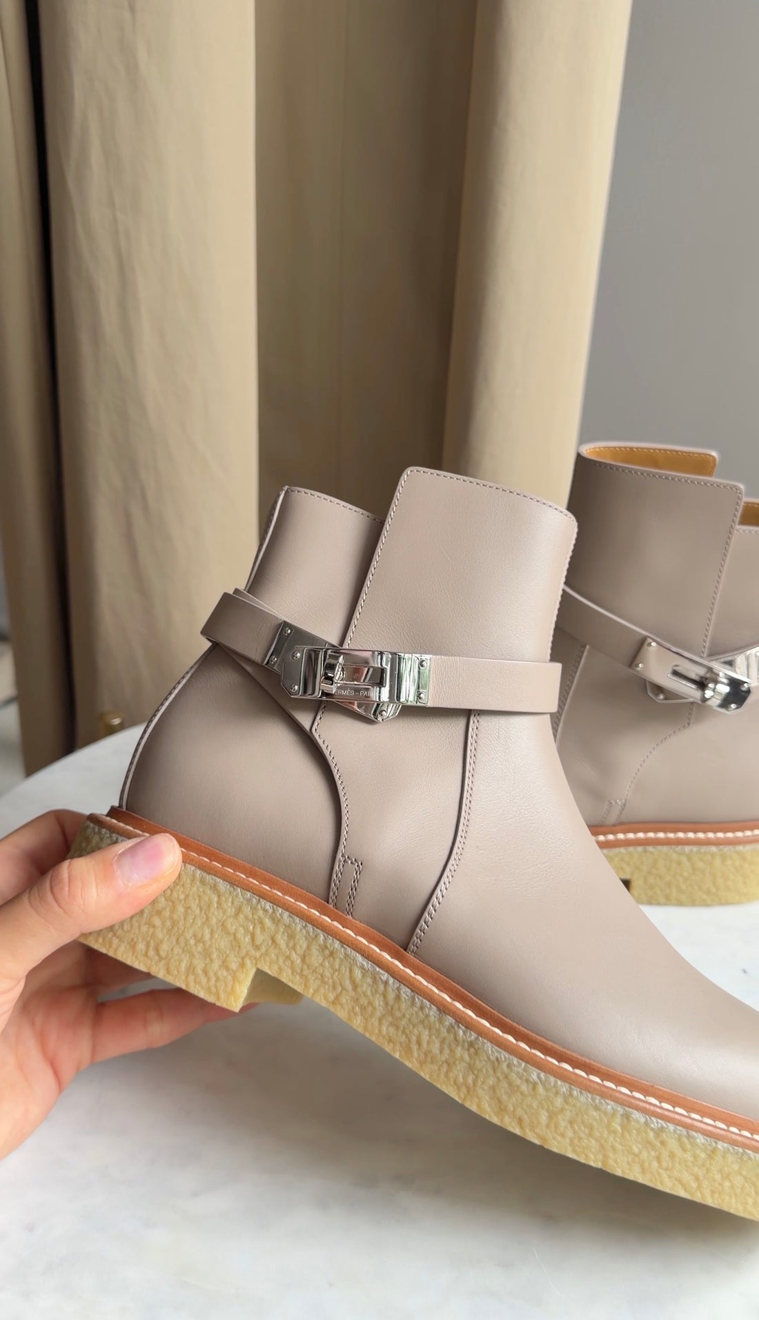 Hermes Beige Mastic Leather Gum Sole History Kelly Lock Ankle Boots - 37