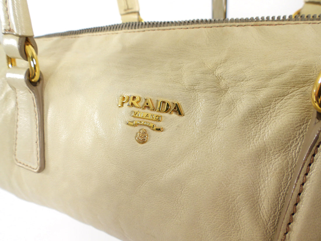 Prada Vintage Beige East West Aged Leather Barrel Bag