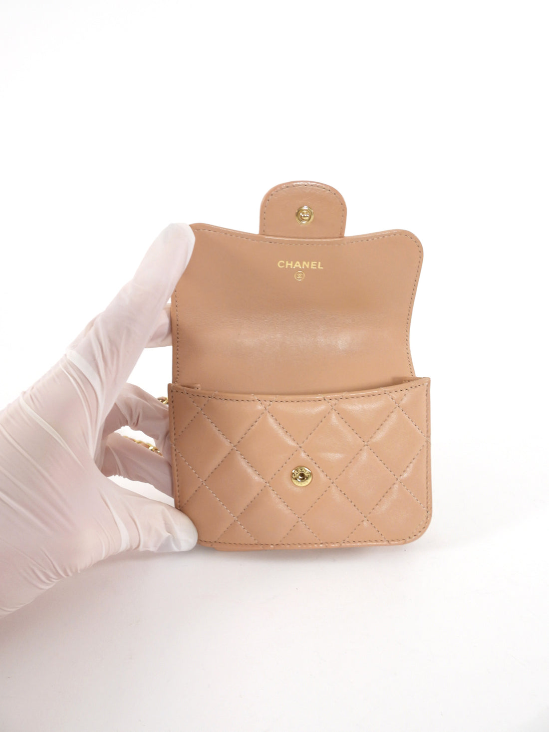 Chanel 21K Beige Quilted Lambskin Mini Top Handle Card Holder on Chain