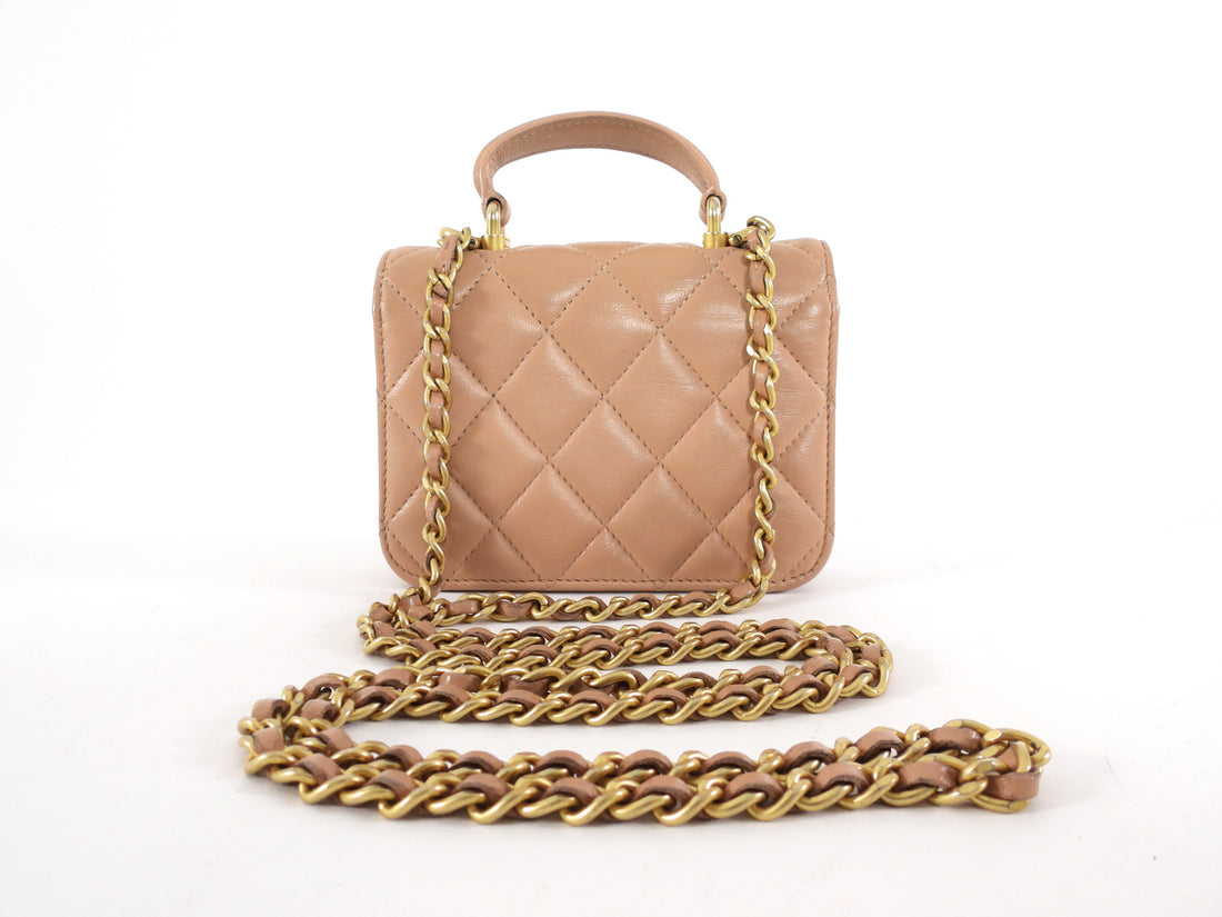 Chanel 21K Beige Quilted Lambskin Mini Top Handle Card Holder on Chain