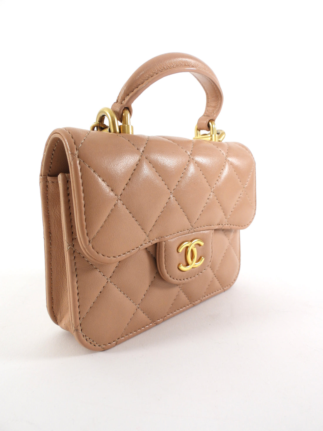 Chanel 21K Beige Quilted Lambskin Mini Top Handle Card Holder on Chain