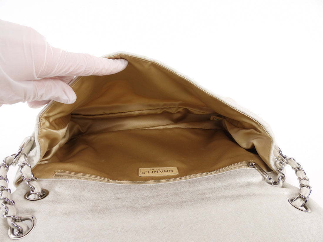 Chanel Quilted White and Gold Metallic Jersey CC Flap Bag SHW