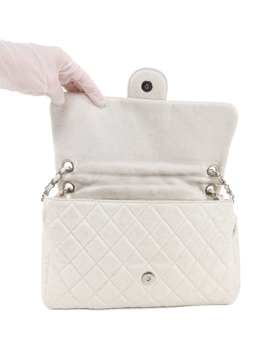 Chanel Quilted White and Gold Metallic Jersey CC Flap Bag SHW