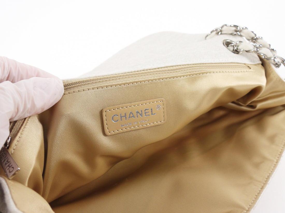 Chanel Quilted White and Gold Metallic Jersey CC Flap Bag SHW