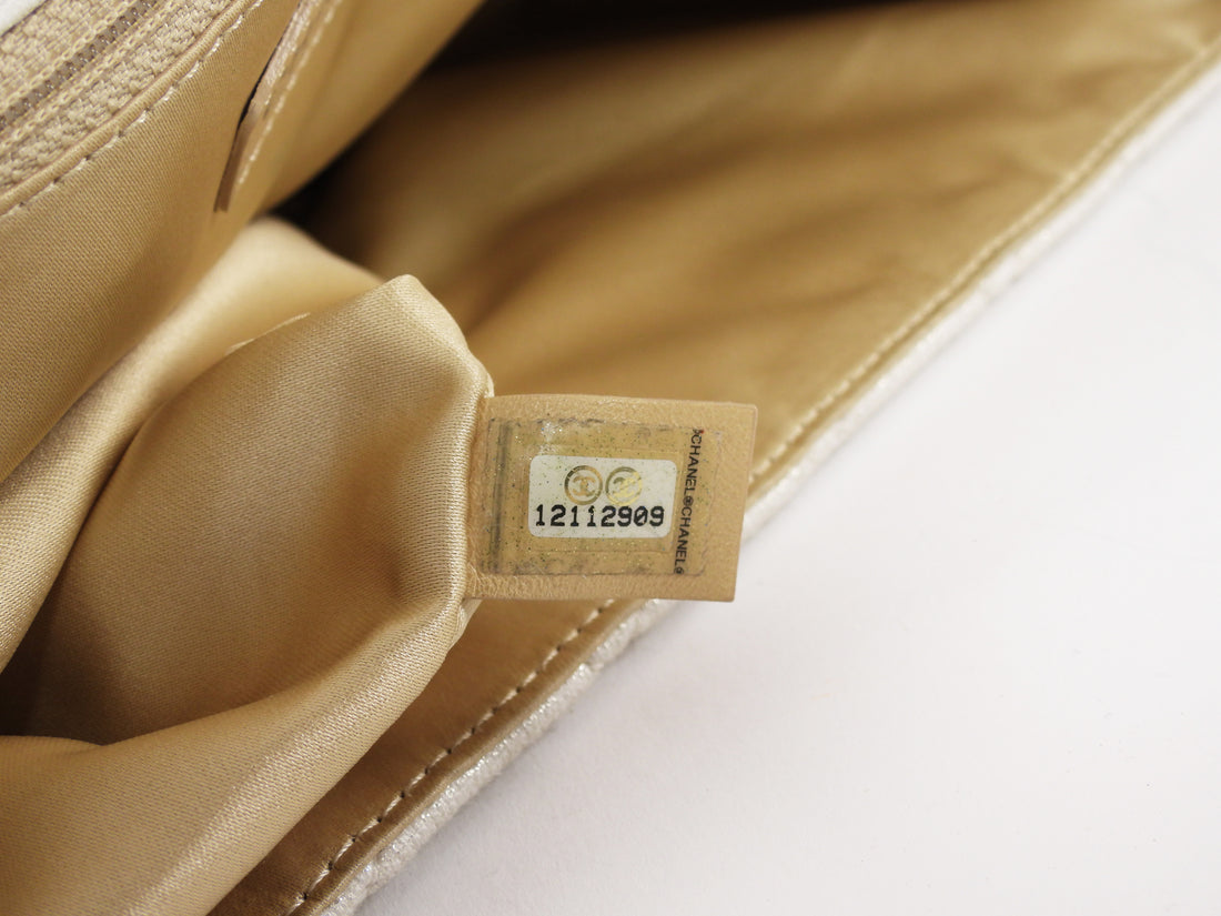 Chanel Quilted White and Gold Metallic Jersey CC Flap Bag SHW