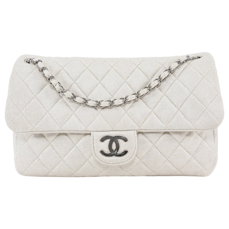 Chanel Quilted White and Gold Metallic Jersey CC Flap Bag SHW