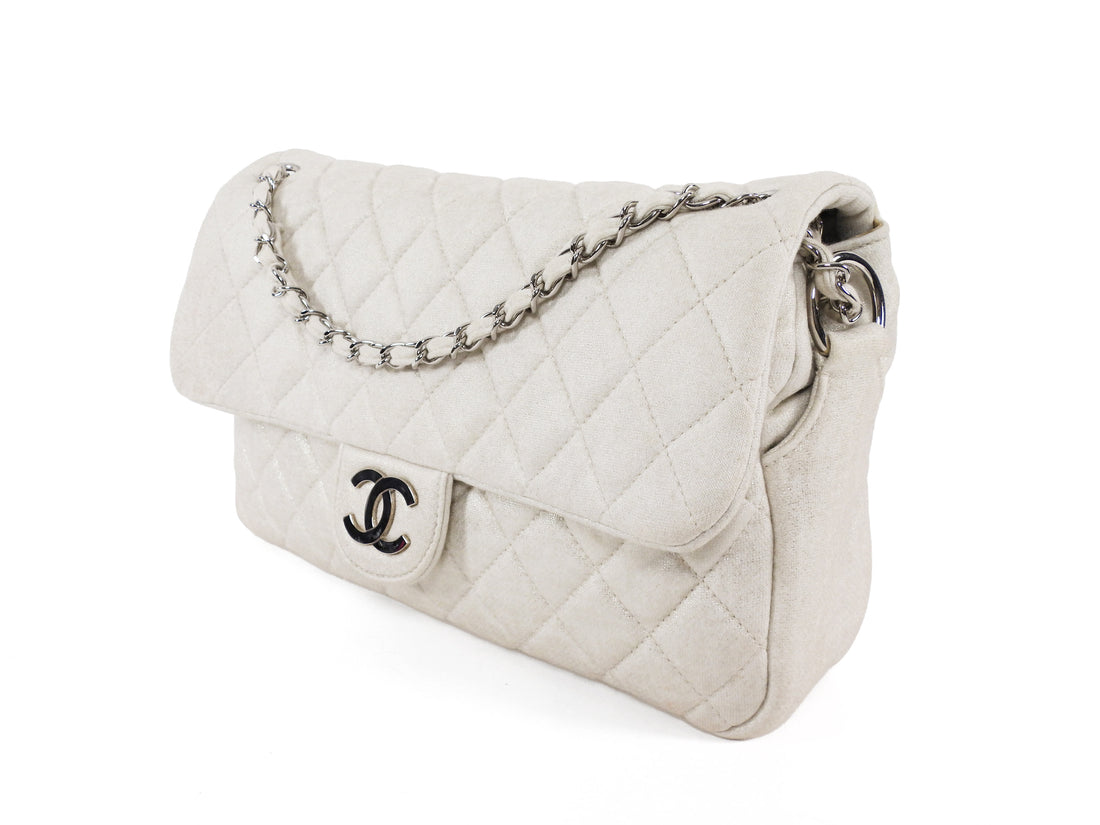 Chanel Quilted White and Gold Metallic Jersey CC Flap Bag SHW