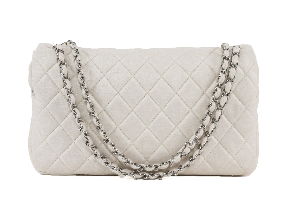 Chanel Quilted White and Gold Metallic Jersey CC Flap Bag SHW