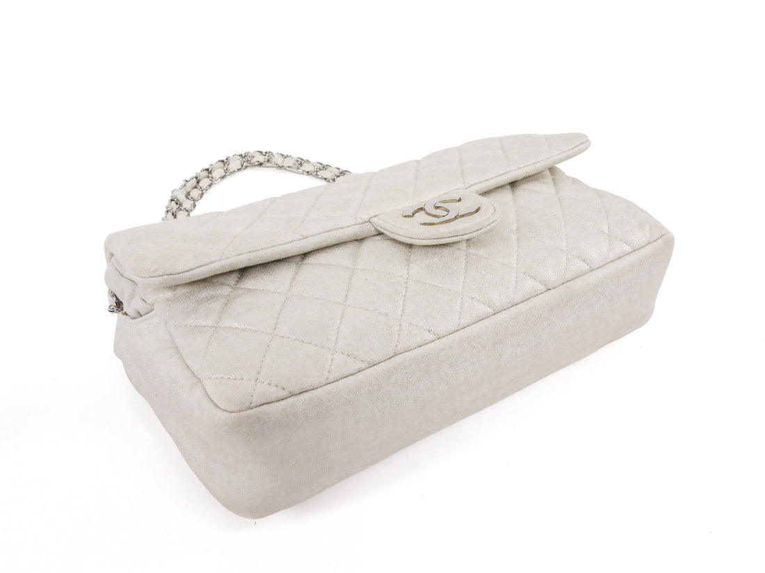 Chanel Quilted White and Gold Metallic Jersey CC Flap Bag SHW