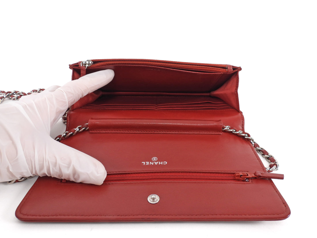 Chanel Red Embossed Leather Camelia Wallet on Chain WOC SHW