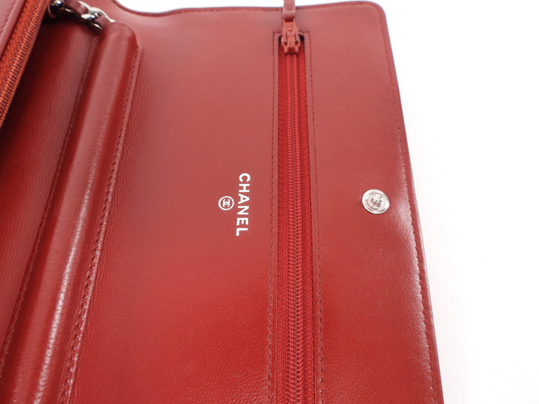 Chanel Red Embossed Leather Camelia Wallet on Chain WOC SHW