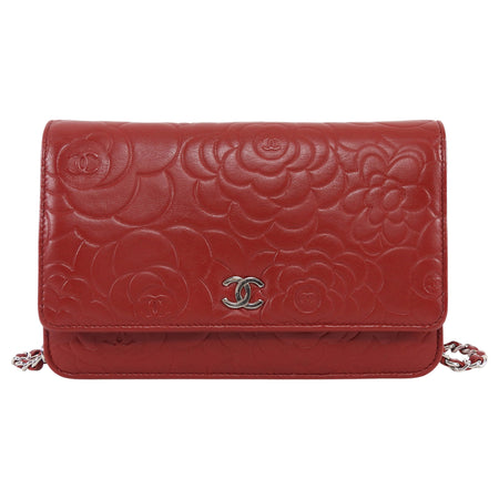 Chanel Red Embossed Leather Camelia Wallet on Chain WOC SHW
