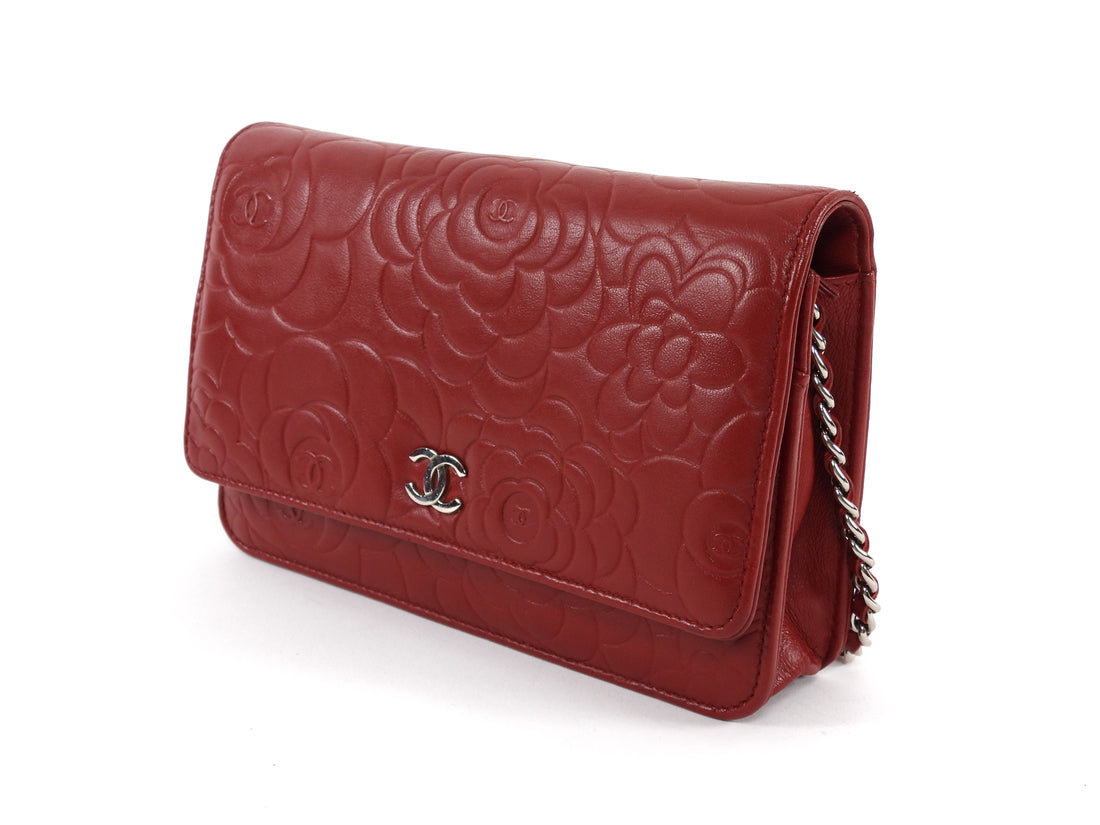 Chanel Red Embossed Leather Camelia Wallet on Chain WOC SHW