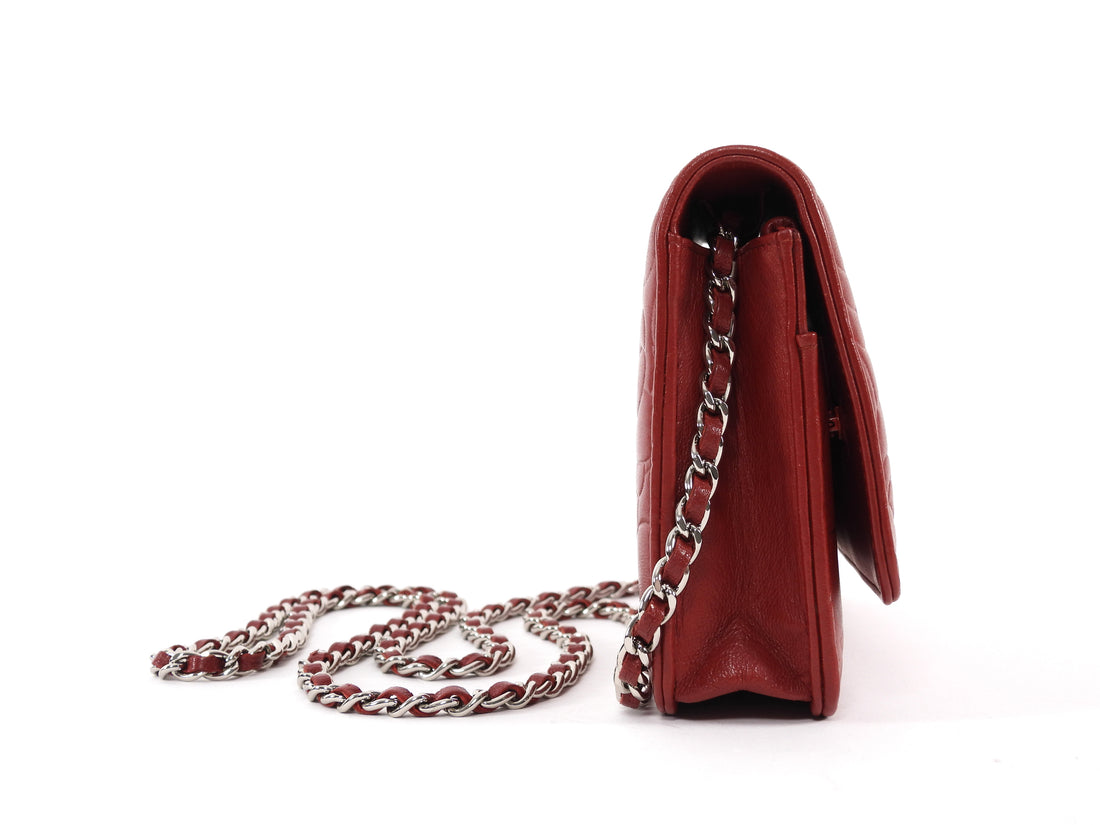 Chanel Red Embossed Leather Camelia Wallet on Chain WOC SHW