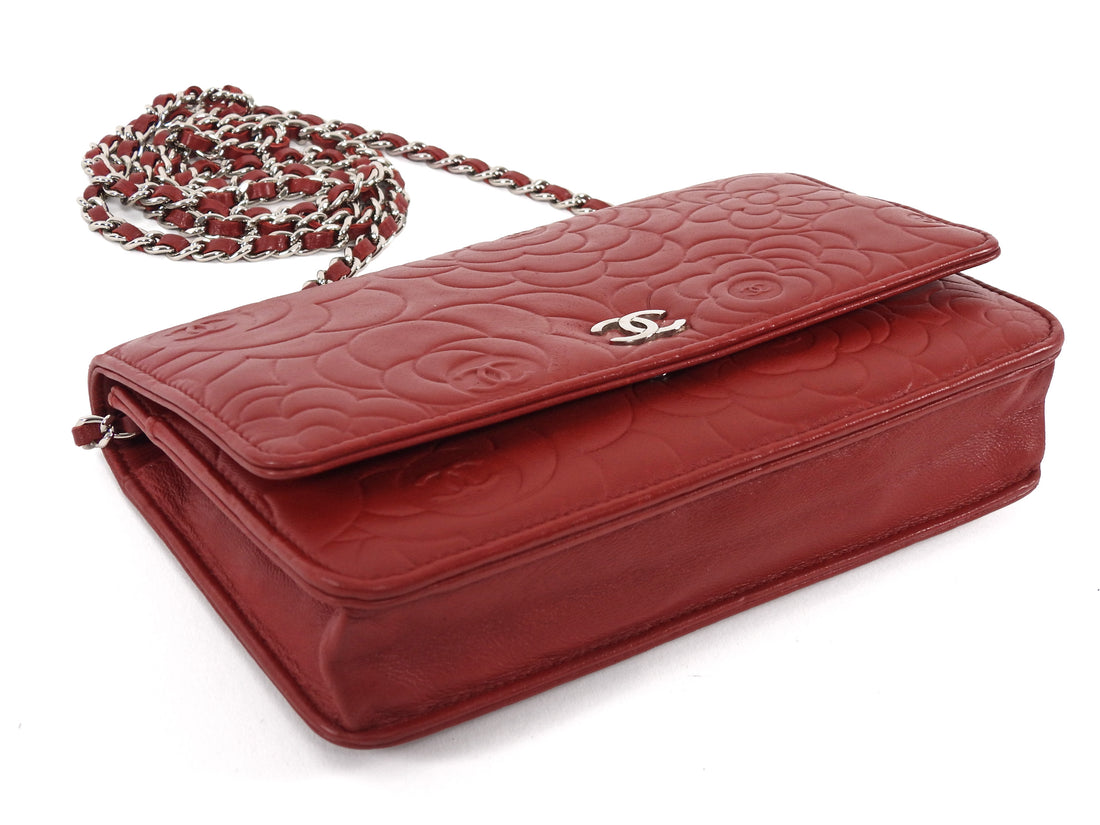 Chanel Red Embossed Leather Camelia Wallet on Chain WOC SHW
