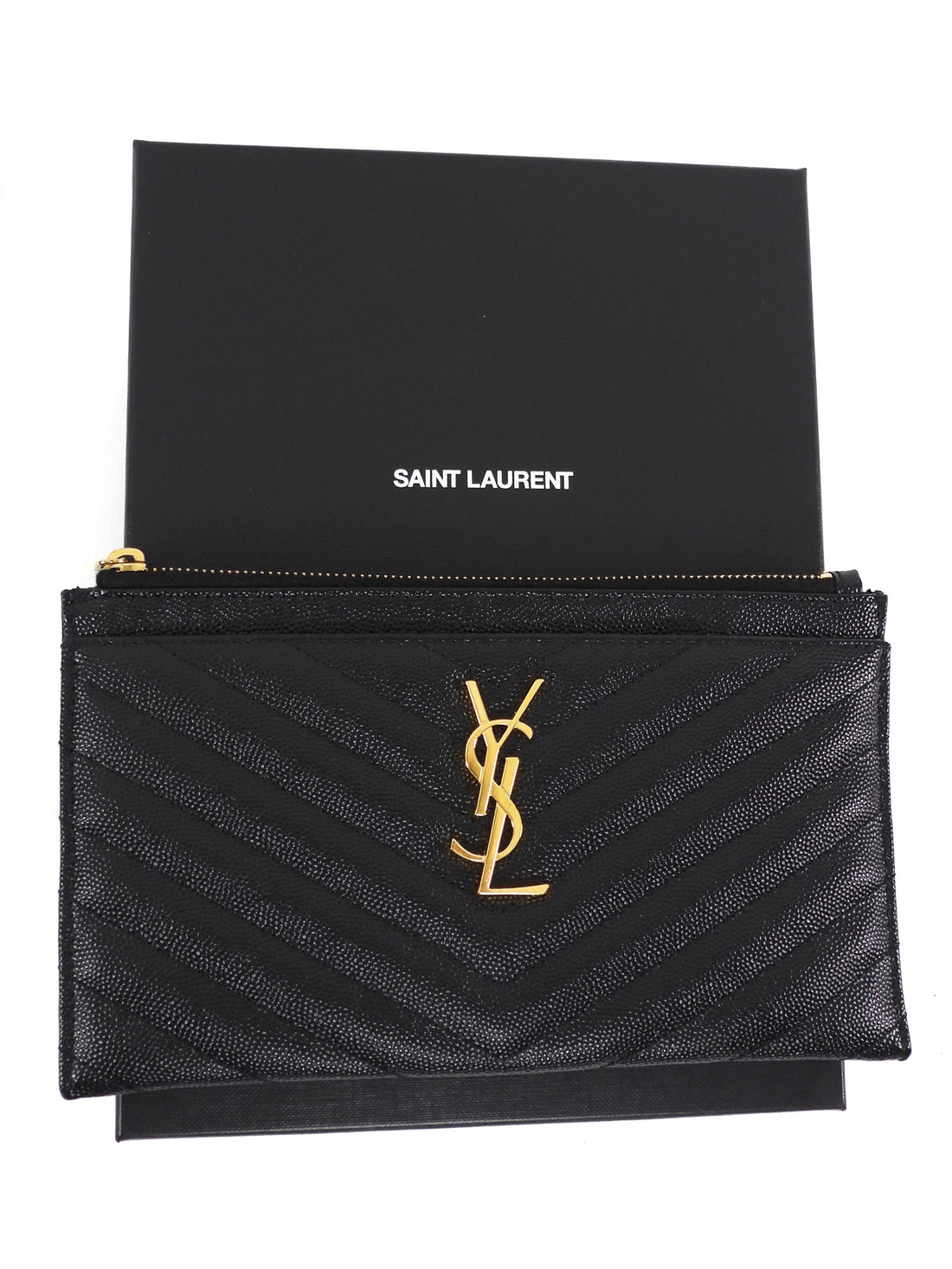 Saint Laurent Black Grain de Poudre Chevron Zip Bill Pouch