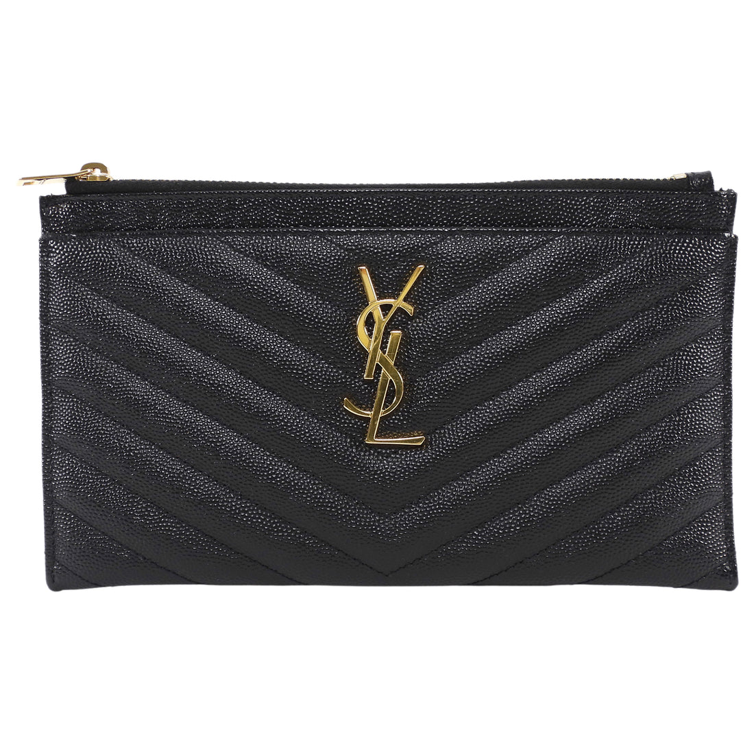 Saint Laurent Black Grain de Poudre Chevron Zip Bill Pouch