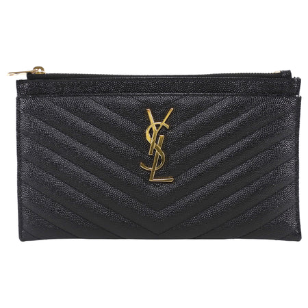 Saint Laurent Black Grain de Poudre Chevron Zip Bill Pouch