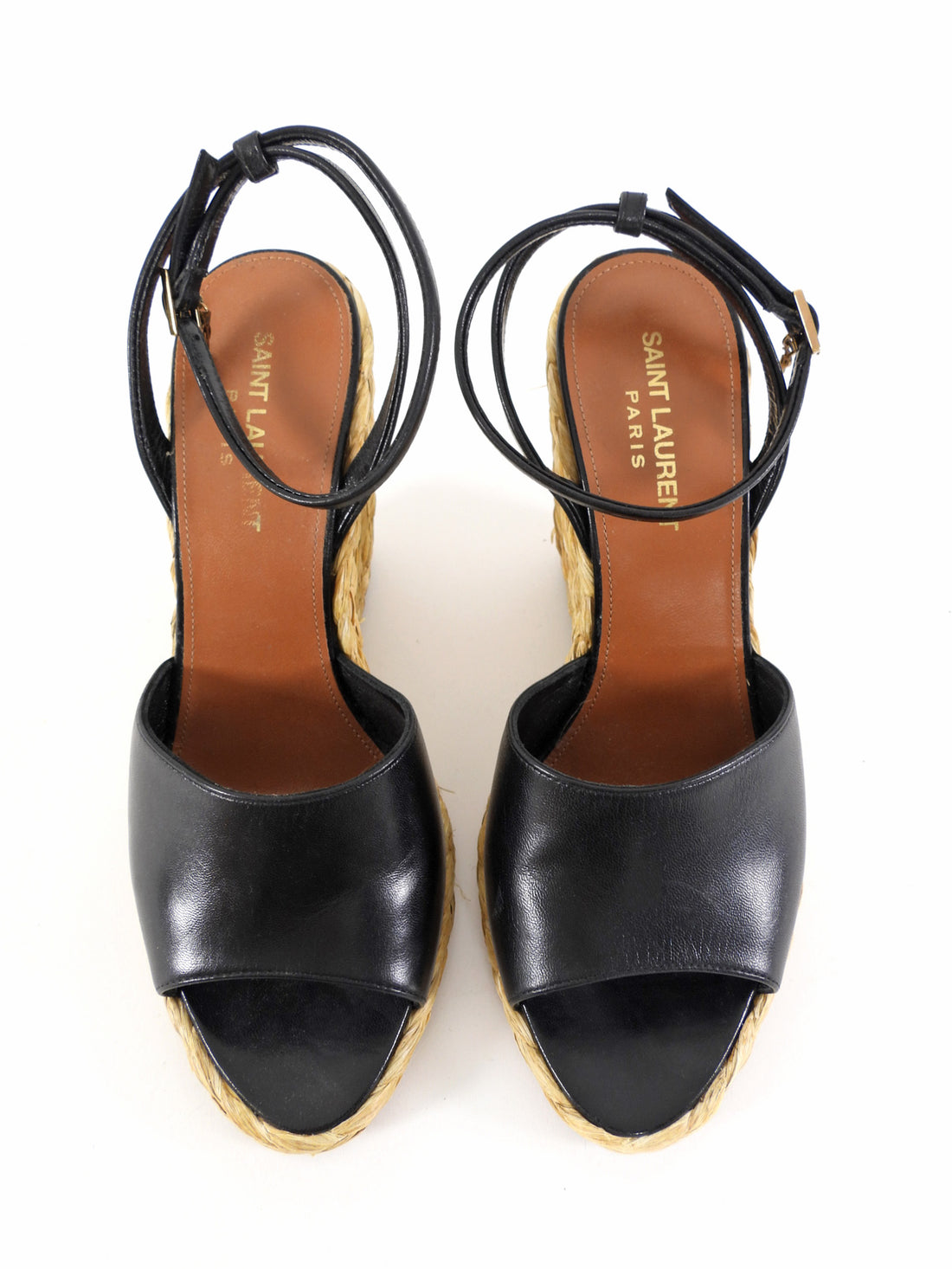 Saint Laurent Black Leather Paloma 95 Espadrille Wedge Sandals - 37