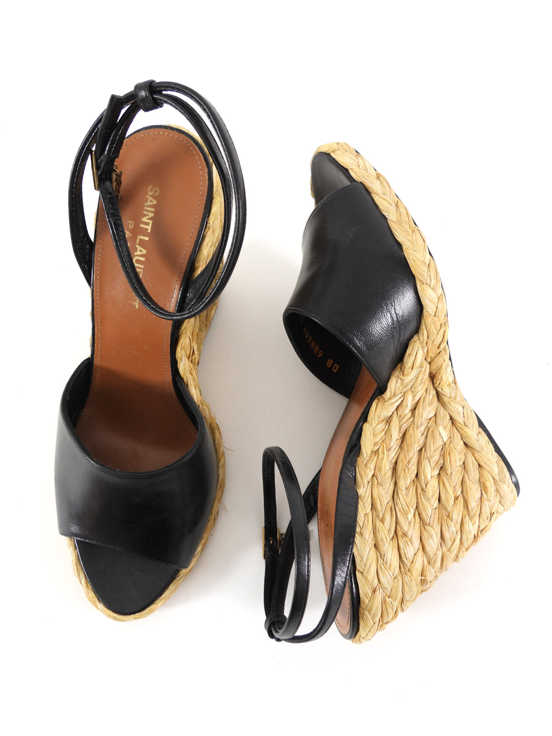 Saint Laurent Black Leather Paloma 95 Espadrille Wedge Sandals - 37