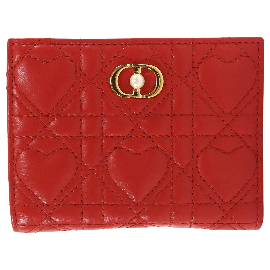 Christian Dior Monsignore Red Cannage Heart Quilted Lambskin Caro Dahlia Compact Wallet