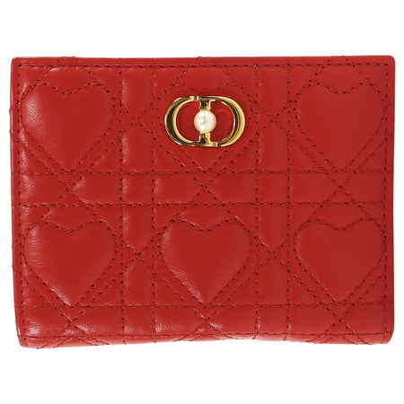 Christian Dior Monsignore Red Cannage Heart Quilted Lambskin Caro Dahlia Compact Wallet