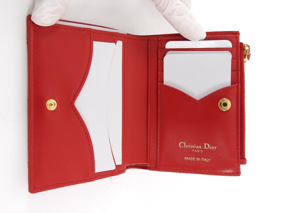 Christian Dior Monsignore Red Cannage Heart Quilted Lambskin Caro Dahlia Compact Wallet